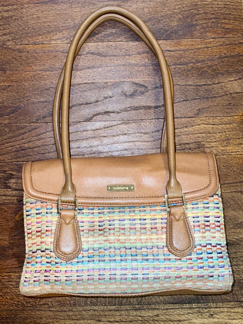 Bright Multicolor Woven Tote with Tan Leather Trim